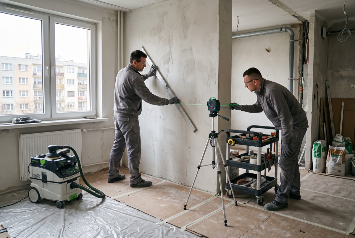 Ekipa przy pracy — podłoga zabezpieczona folią, odkurzacz przy szlifierce, poziomica laserowa