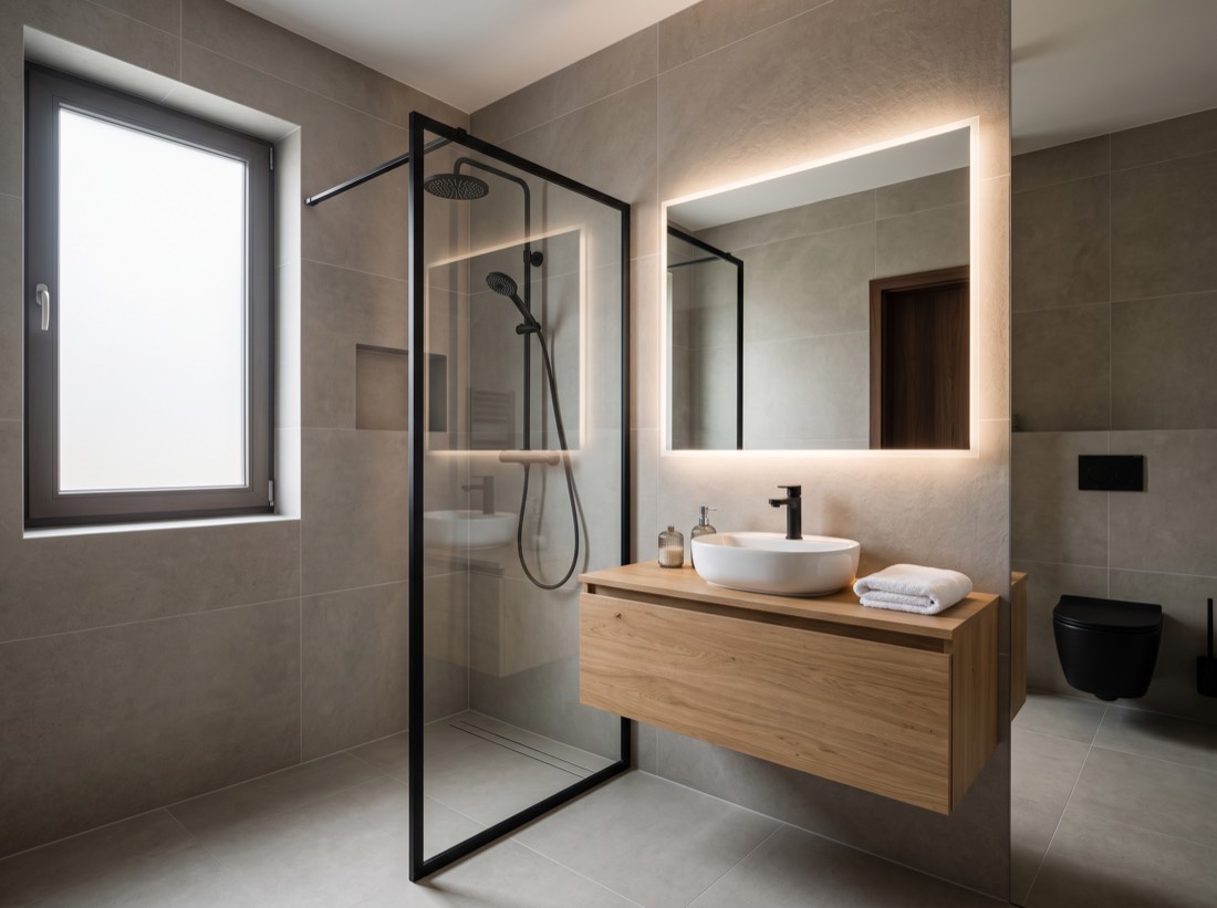 Łazienka po remoncie — wielkoformatowe płytki, kabina walk-in, dębowa szafka